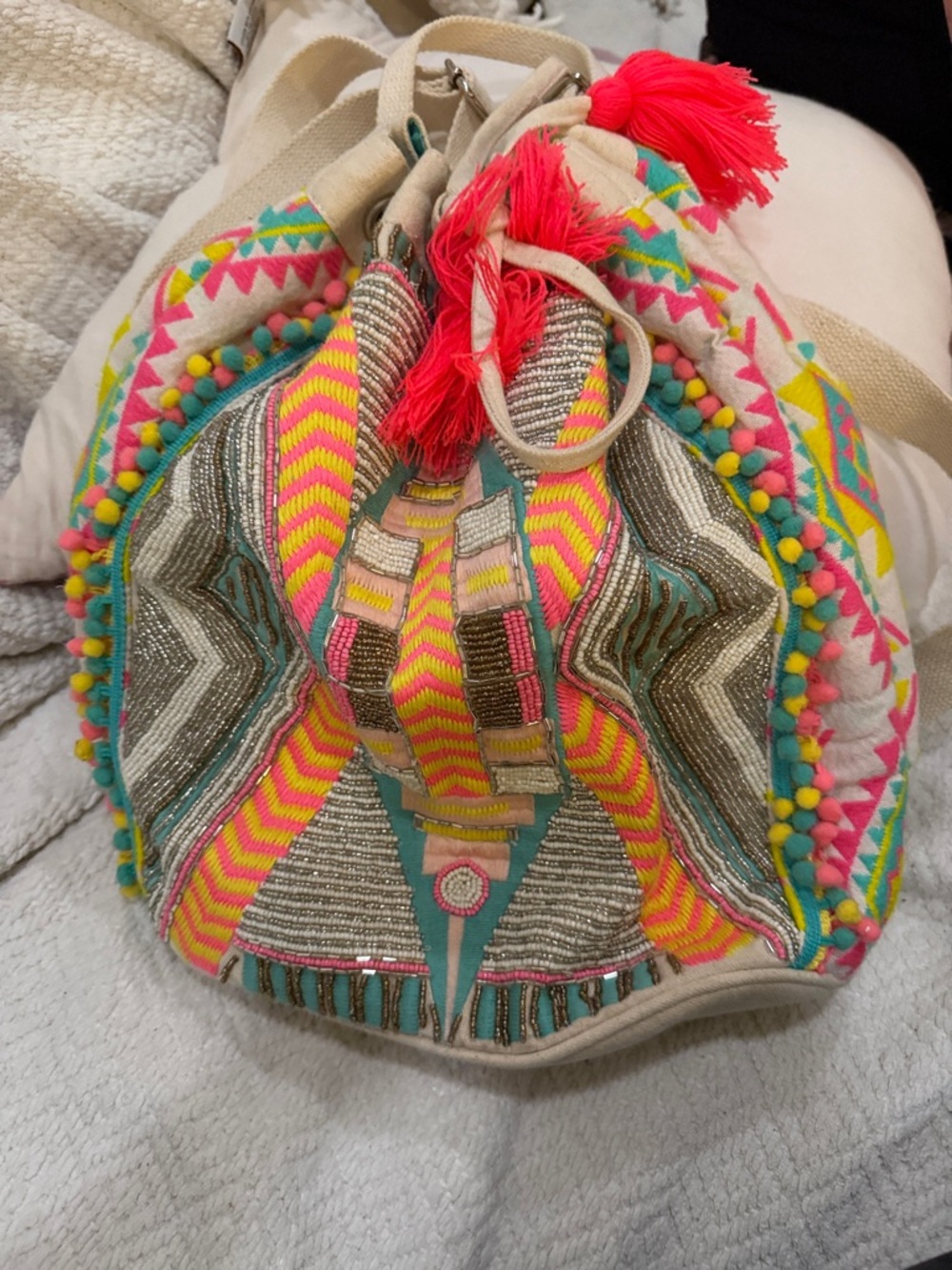 Embroidered Drawstring Backpack with Neon Pink & Turquoise Accents